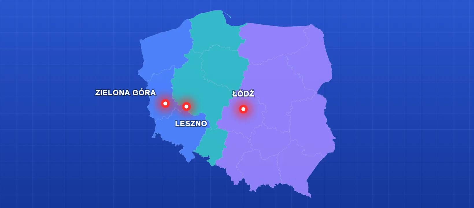 Podział Polski na 3 regiony obsługi: Zielona Góra (zachód), Leszno (Wielkopolska i północ), Łódź (centrum, wschód, południe)